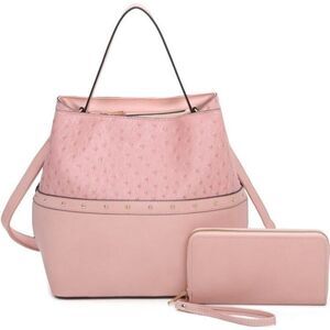 Women's Soft Pink Ostrich Bucket Bag  2-In 1 Satchel Set With Wallet